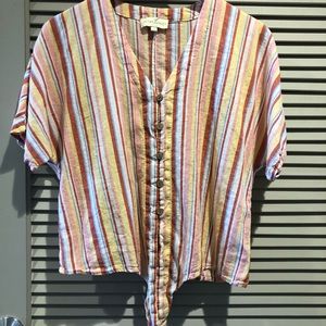 Striped Button Tie Front Blouse - S